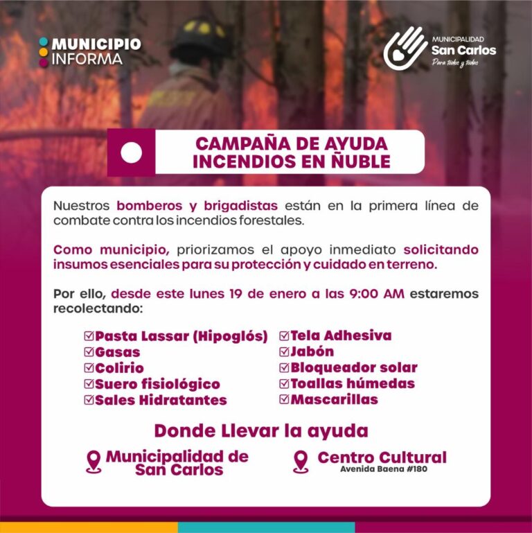 San Carlos inicia campaña de ayuda para apoyar a bomberos y brigadistas que combaten incendios en Ñuble